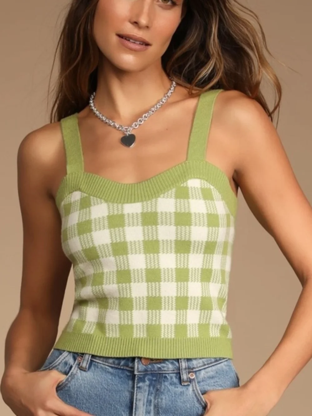 Gingham Knit Cardigan and Tank Set in Sage Green NWOT - Picture 3 of 4